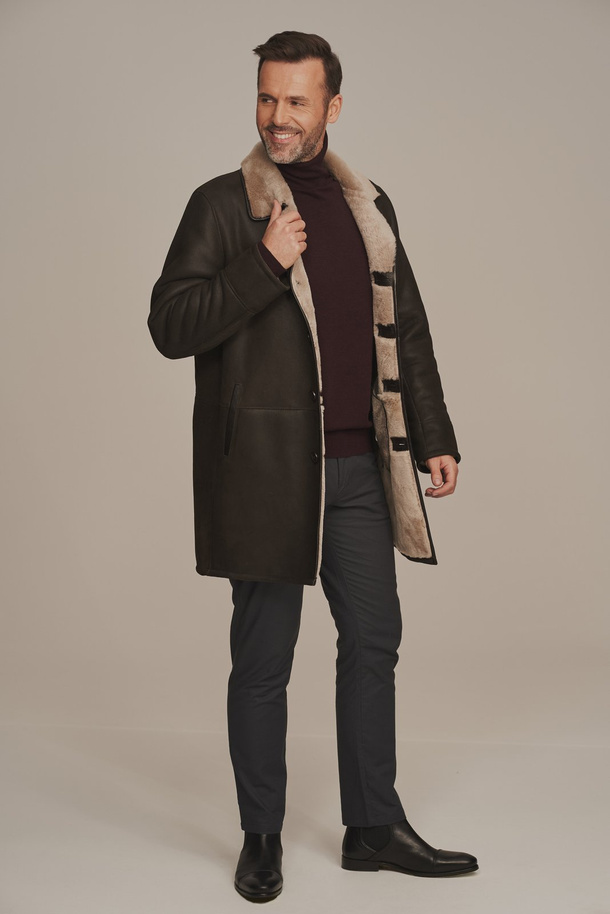 Palton elegant de iarnă pentru bărbați – maro, din piele naturală de miel