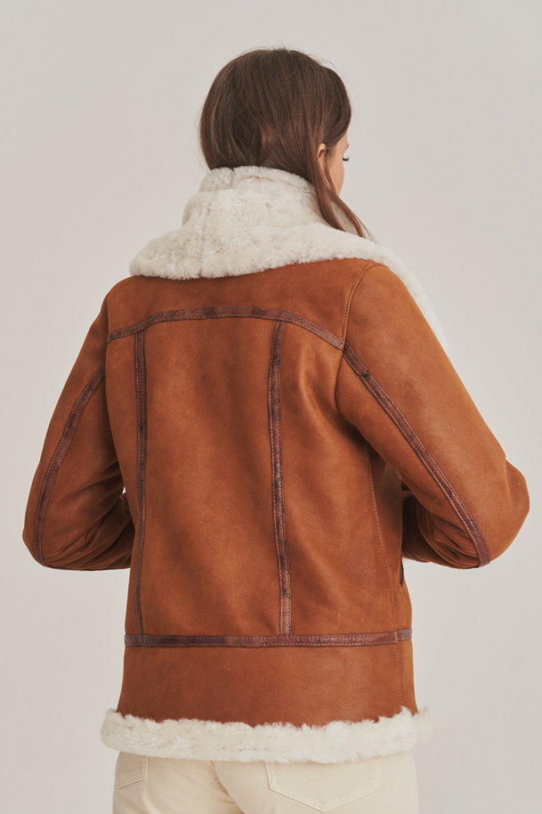 Haină scurtă de damă din piele de oaie, stil aviator, maro