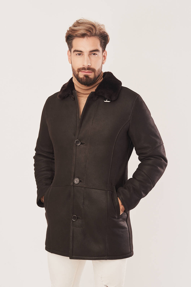 Palton bărbătesc de iarnă din piele naturală de miel – maro ciocolatiu închis