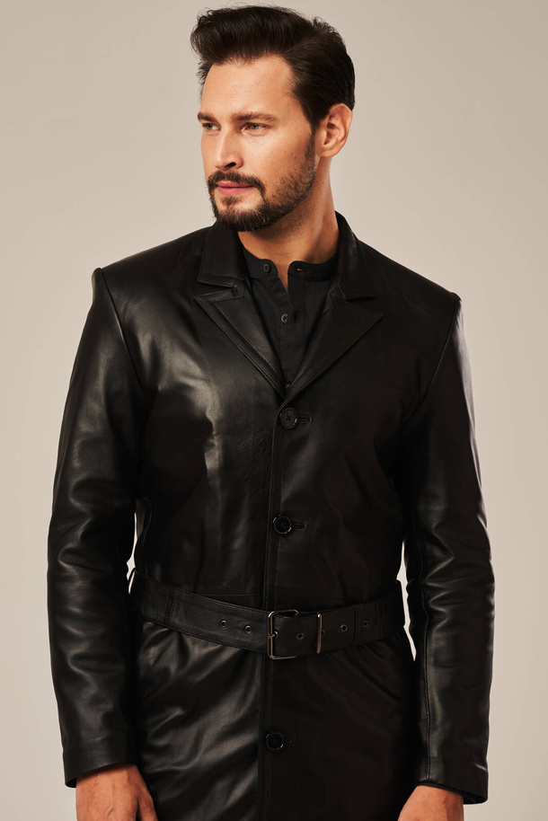 Palton elegant bărbătesc din piele naturală neagră
