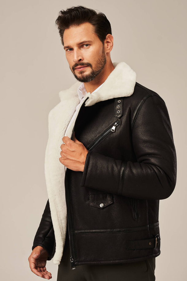 Cojoc bărbătesc negru din piele naturală de miel – stil aviator, călduros și modern