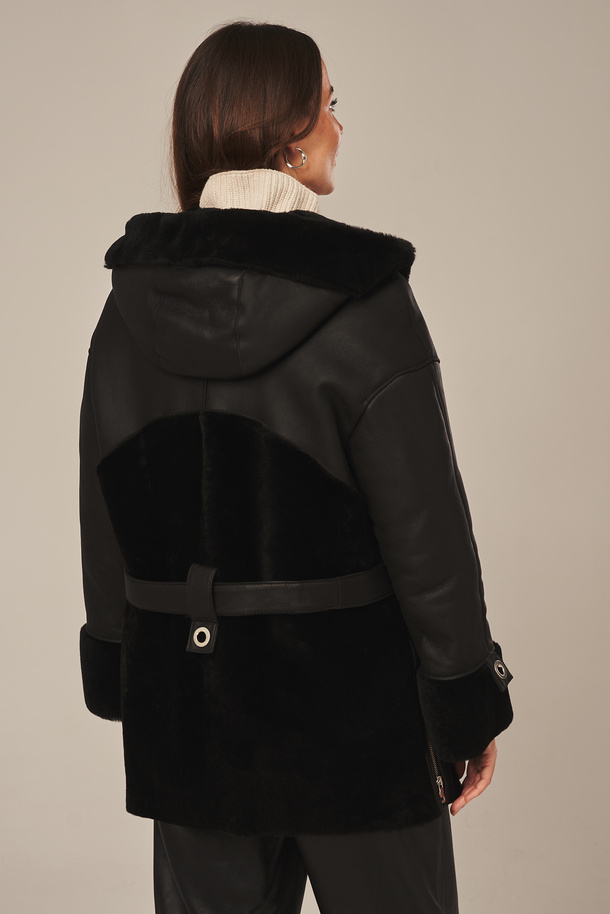 Palton negru natural de oaie pentru femei cu glugă