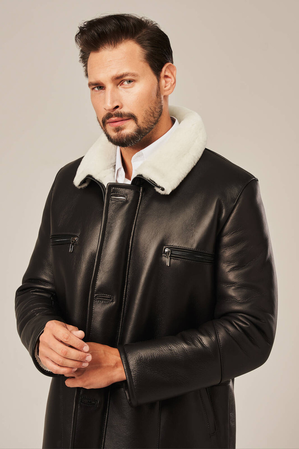 Palton bărbătesc din piele naturală cu blană – negru