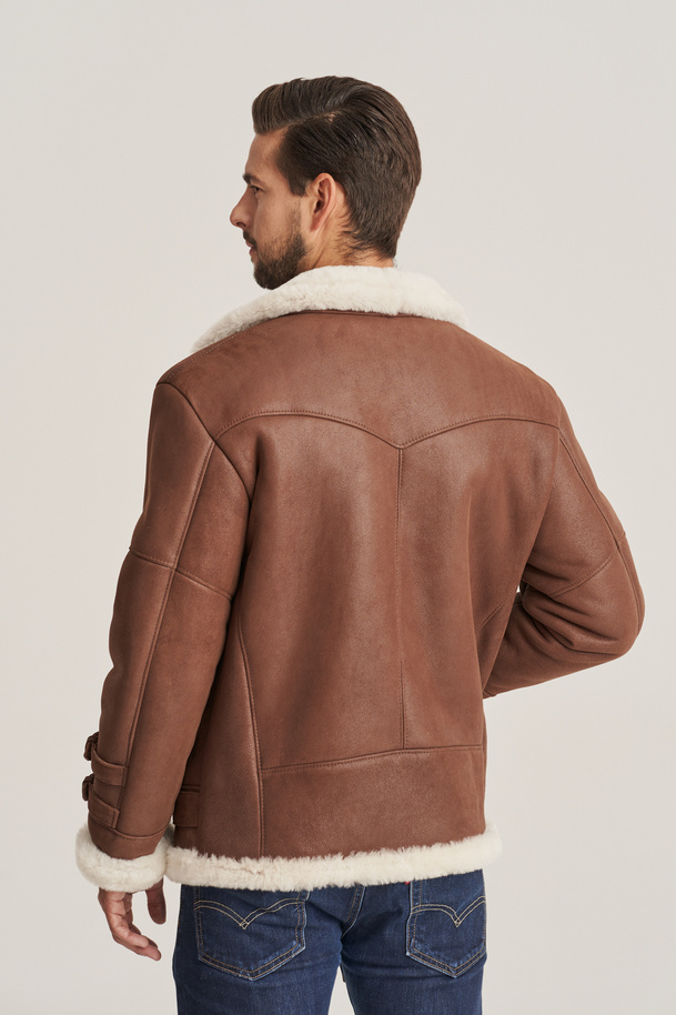 Haină bărbătească maro din piele de miel – geacă de iarnă călduroasă și stilată
