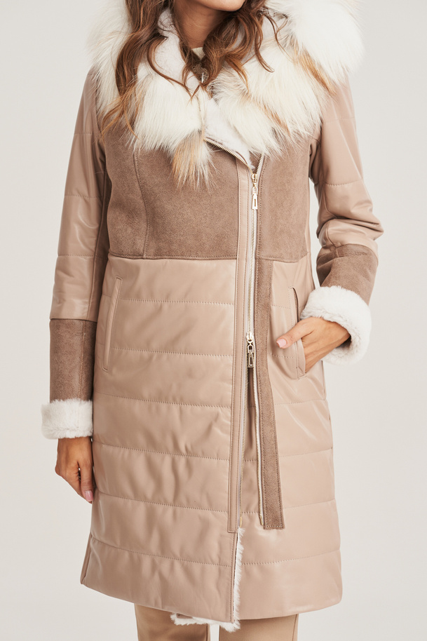 Palton damă lungime până la genunchi, din piele naturală de miel în nuanțe cappuccino