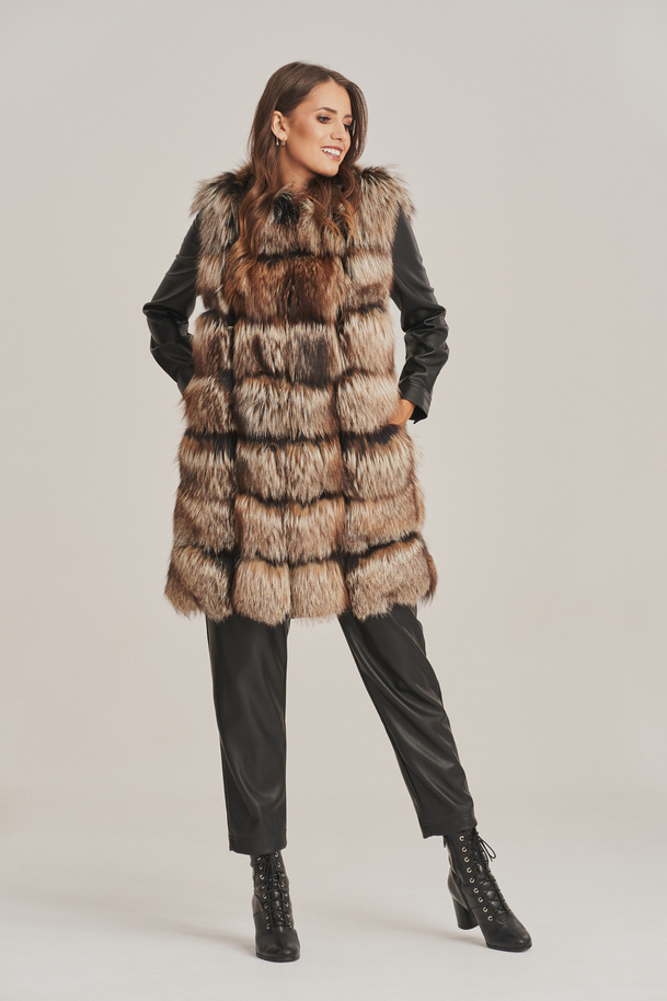Vestă elegantă de blană maro pentru femei, din blană naturală de vulpe și piele naturală