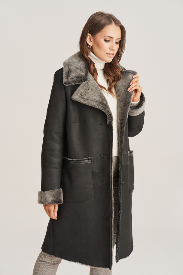 Cojoc damă din piele naturală, lungime până la genunchi, negru cu blană gri deschis