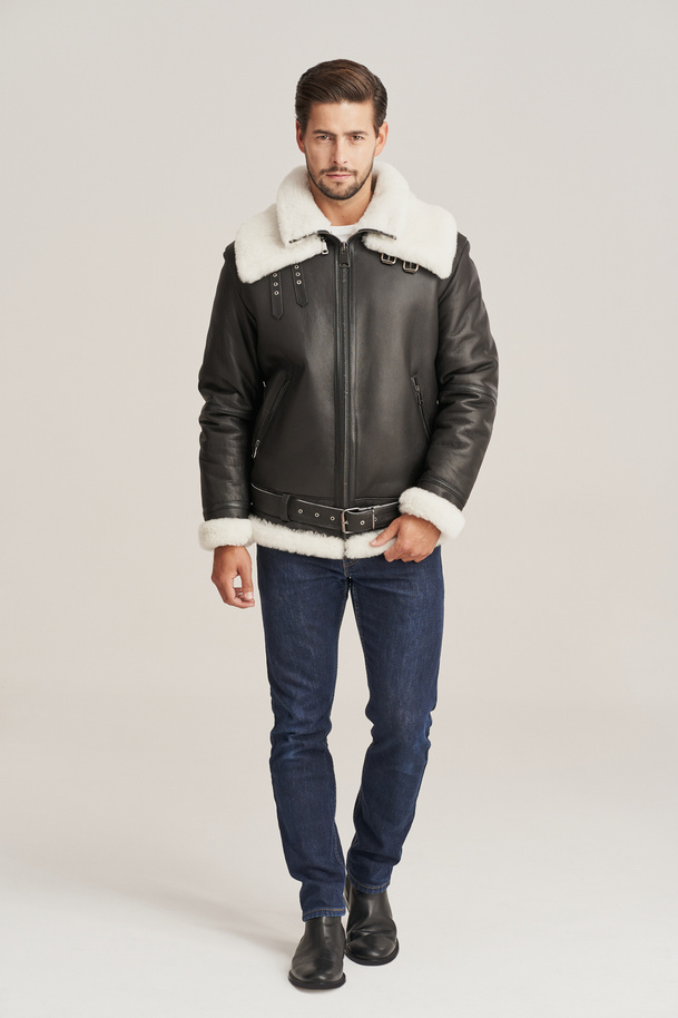 Geacă pilot bărbătească din piele naturală cu blană de miel – perfectă pentru iarnă