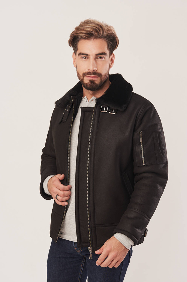 Geacă pilot bărbătească de iarnă neagră din piele naturală de miel