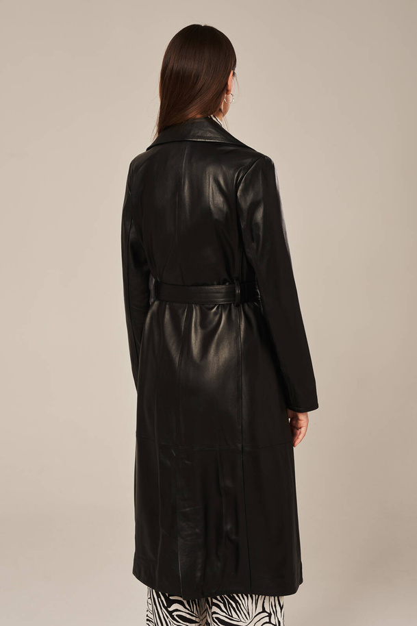 Palton damă din piele naturală neagră | Elegant, lung peste genunchi