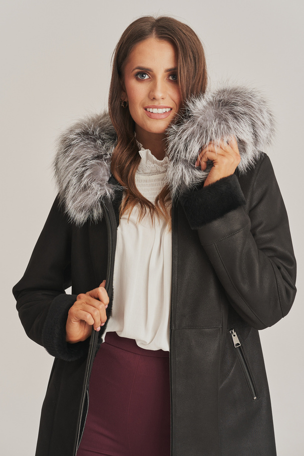 Palton damă din piele de oaie negru