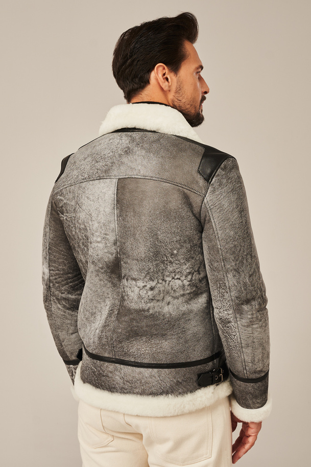 Jachetă de iarnă din piele de oaie pentru bărbați, gri – stil aviator cu blană naturală
