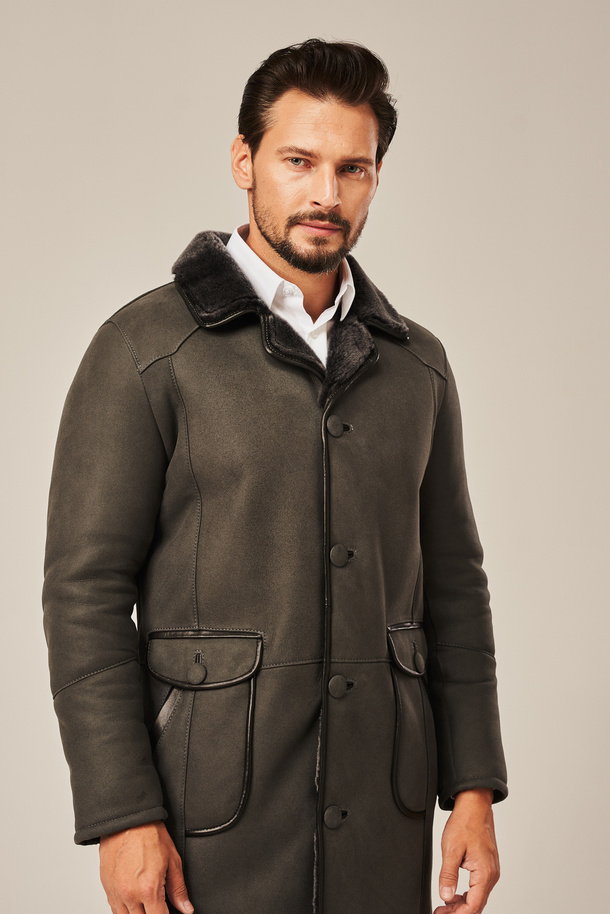 Palton bărbătesc din piele de miel naturală – lung, gri