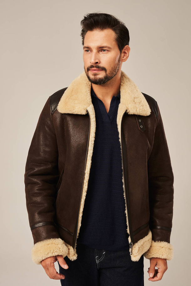 Cojoc bărbătesc pilotă din piele naturală de miel, maro închis