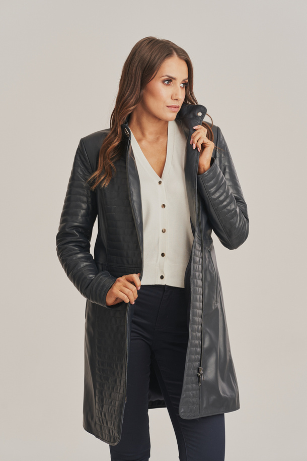 Palton de damă din piele naturală bleumarin