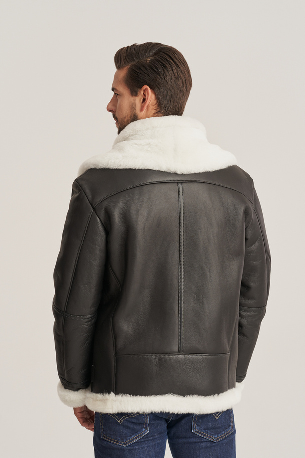 Geacă pilot bărbătească din piele naturală cu blană de miel – perfectă pentru iarnă