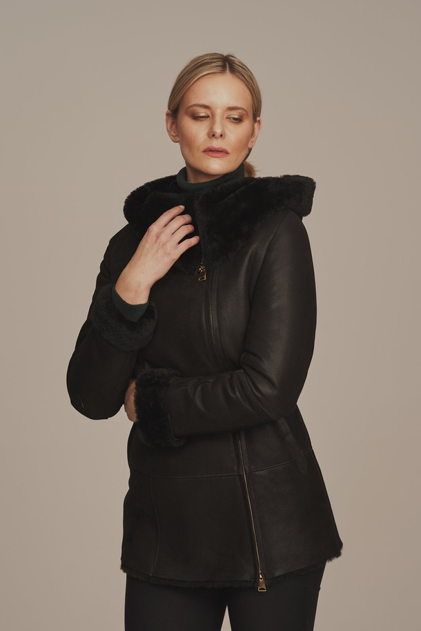 Cojoc damă negru cu glugă, din piele naturală de miel