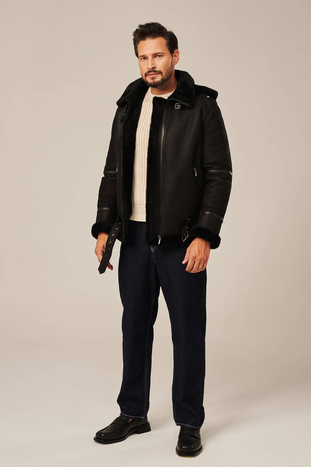 Geacă bărbătească neagră din piele naturală de miel cu glugă 