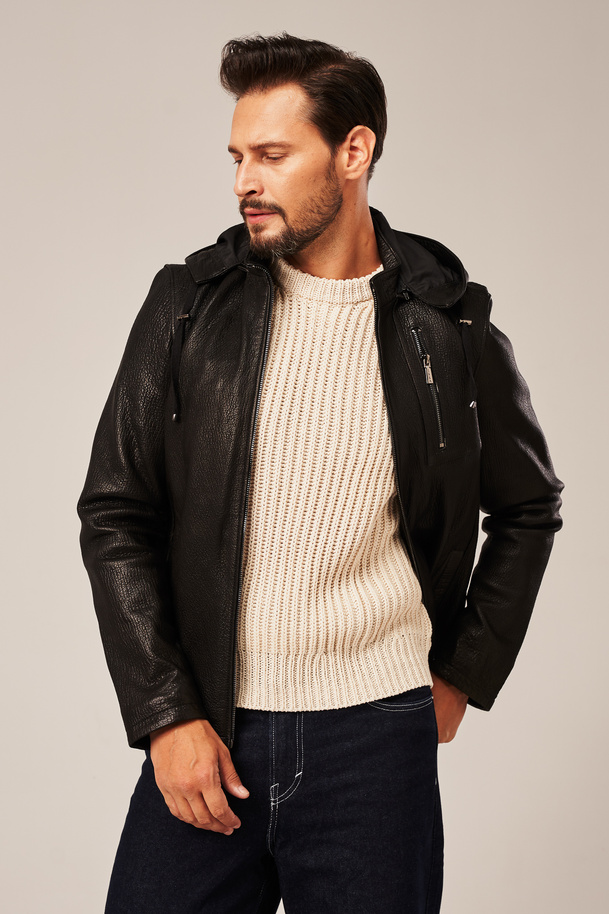 Geacă scurtă din piele naturală pentru bărbați, culoare neagră