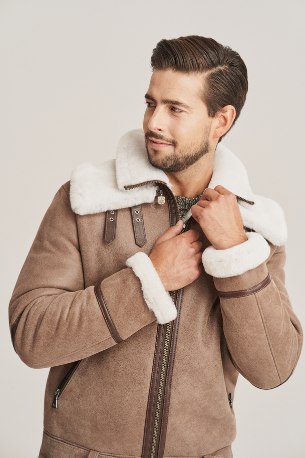 Geacă pilot bărbătească de iarnă – din piele naturală de miel, stil aviator, culoare bej