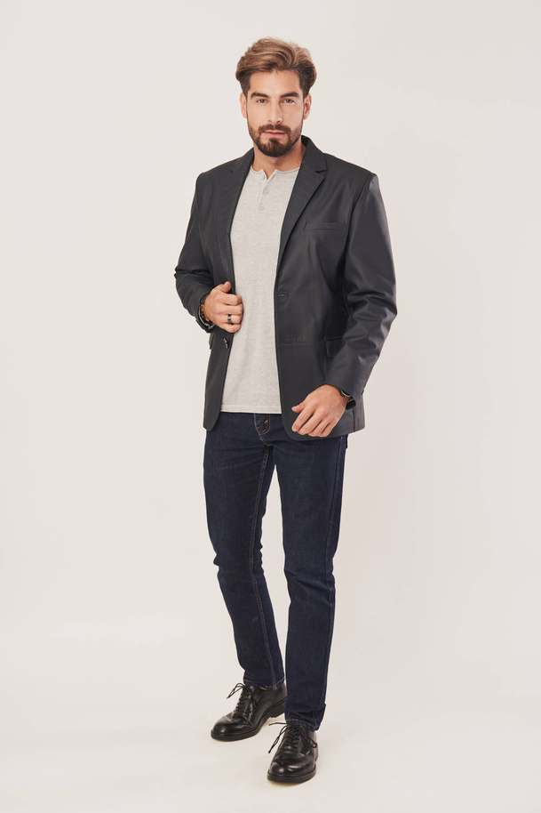 Sacou bărbătesc din piele naturală de miel – grafit închis