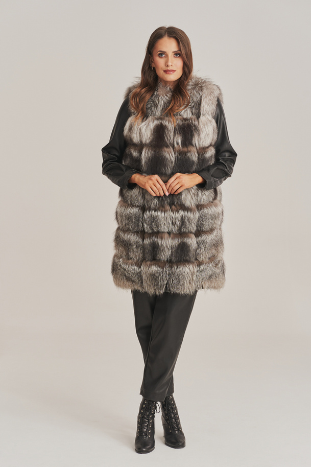 Vestă de blană pentru femei din blană naturală de vulpe argintie cu piele naturală neagră – vestă elegantă de blană