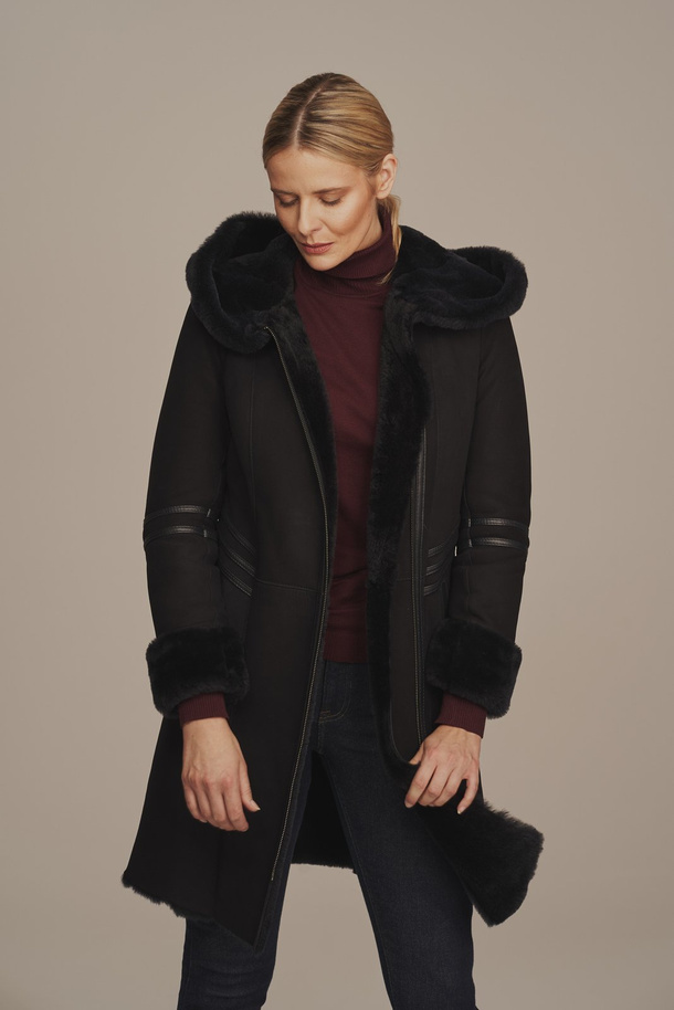 Palton pentru femei din piele de oaie naturală, bleumarin, cu glugă