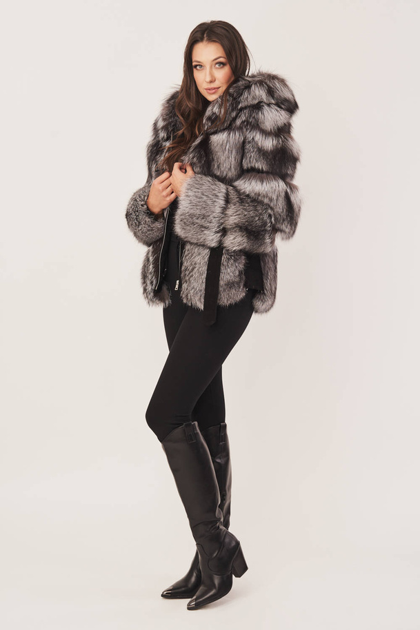 Jachetă elegantă de damă din blană de vulpe argintie cu glugă 