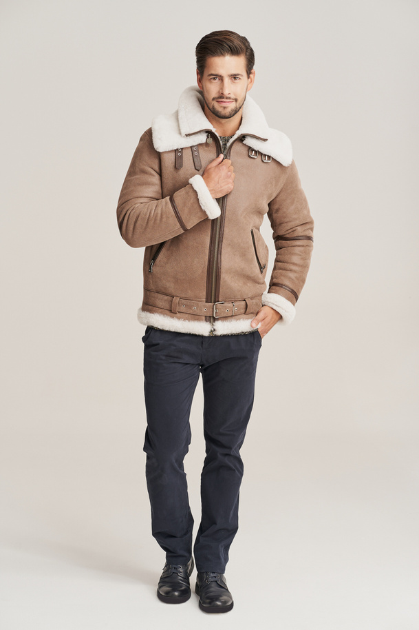 Geacă pilot bărbătească de iarnă – din piele naturală de miel, stil aviator, culoare bej