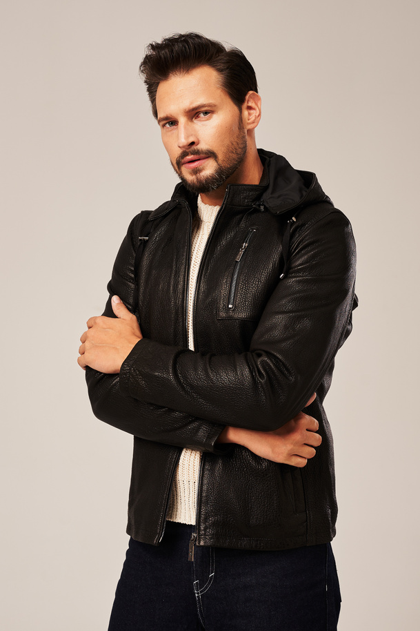 Geacă scurtă din piele naturală pentru bărbați, culoare neagră