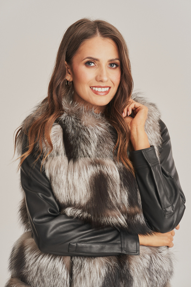 Vestă de blană pentru femei din blană naturală de vulpe argintie cu piele naturală neagră – vestă elegantă de blană