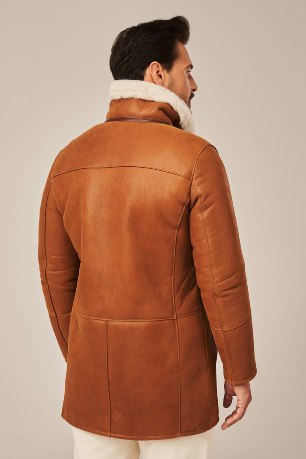 Palton bărbătesc lung de iarnă, culoare roșcată, din piele naturală de miel