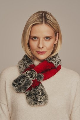 Fular elegant din blană naturală de șinșilă rex gri, cu detalii roșii