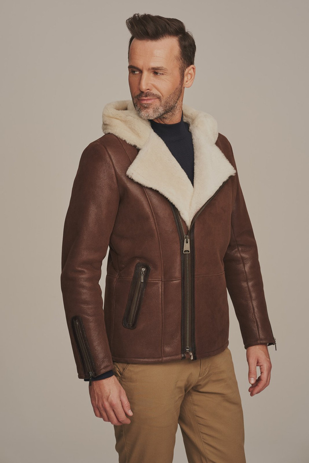 Geacă sport de iarnă pentru bărbați din piele naturală de miel, cu glugă