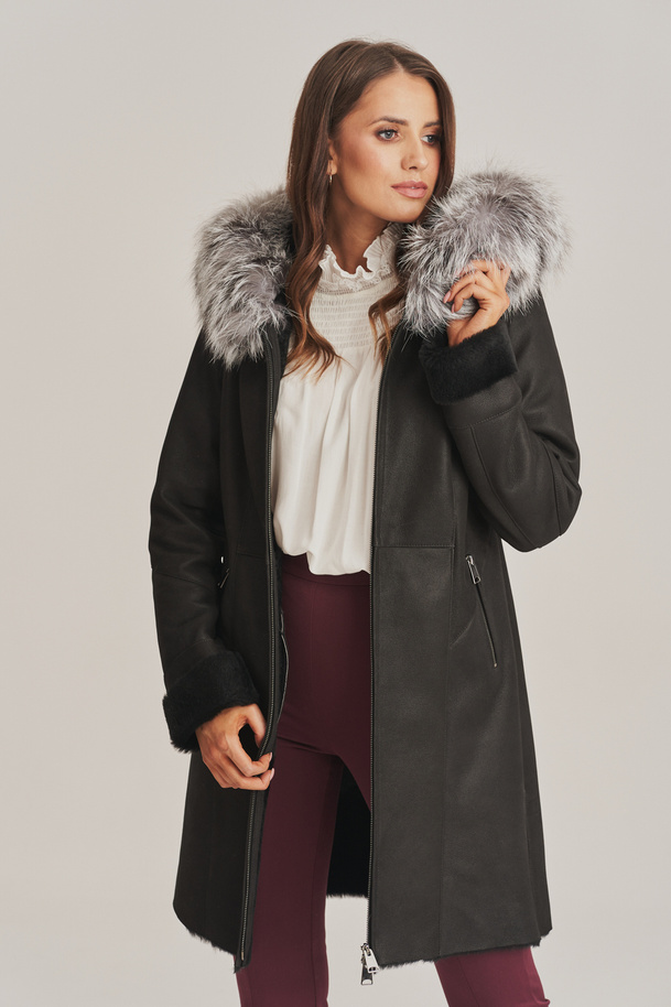 Palton damă din piele de oaie negru