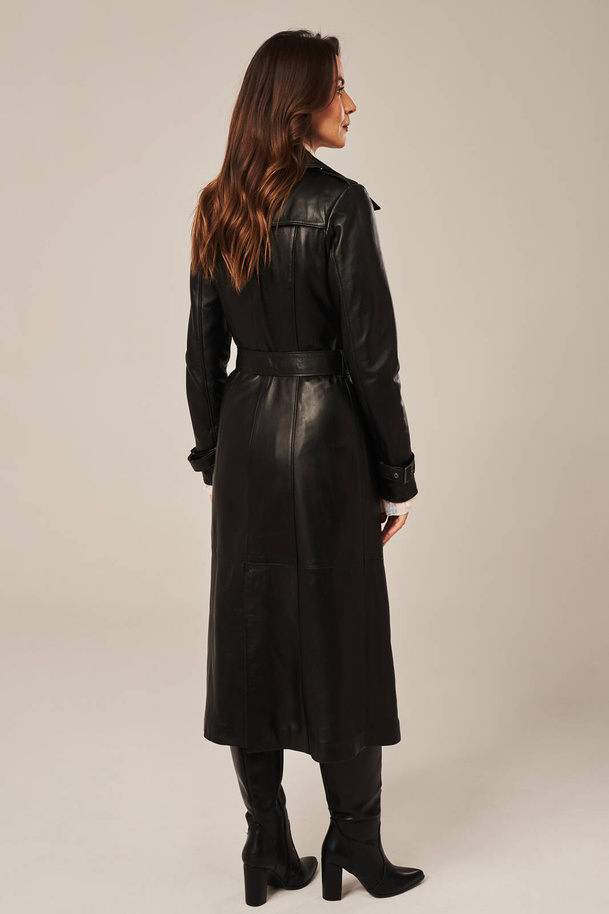 Palton lung de damă tip trenci, din piele naturală neagră de miel