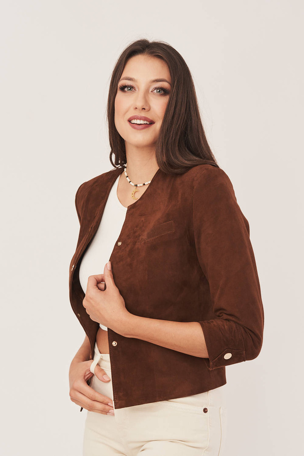 Sacou de damă din piele naturală întunecată