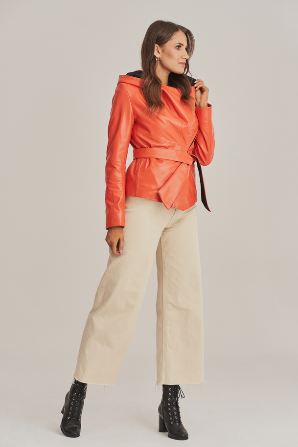 Geacă de damă din piele naturală corai – cu glugă