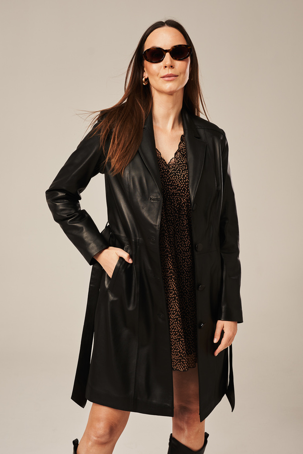 Trenci damă din piele naturală neagră | Palton piele damă elegant primăvară-toamnă