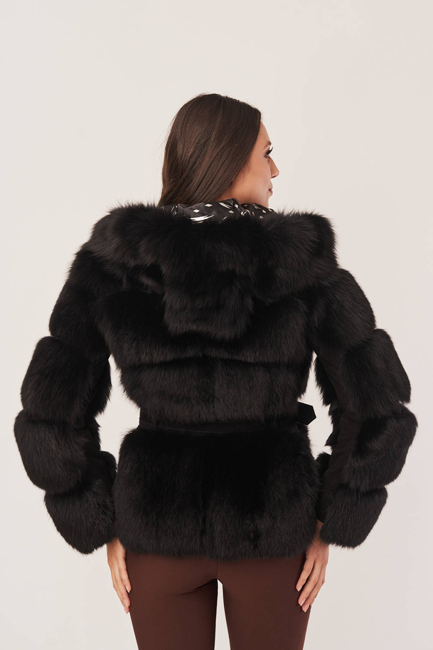 Jachetă elegantă de damă din blană de vulpe neagră și piele naturală