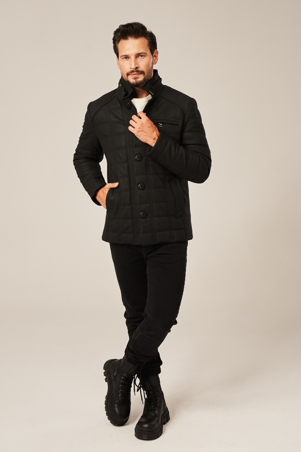 Geacă de piele bărbătească neagră, mată, cu design matlasat