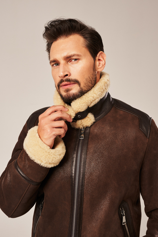 Cojoc bărbătesc pilotă din piele naturală de miel, maro închis
