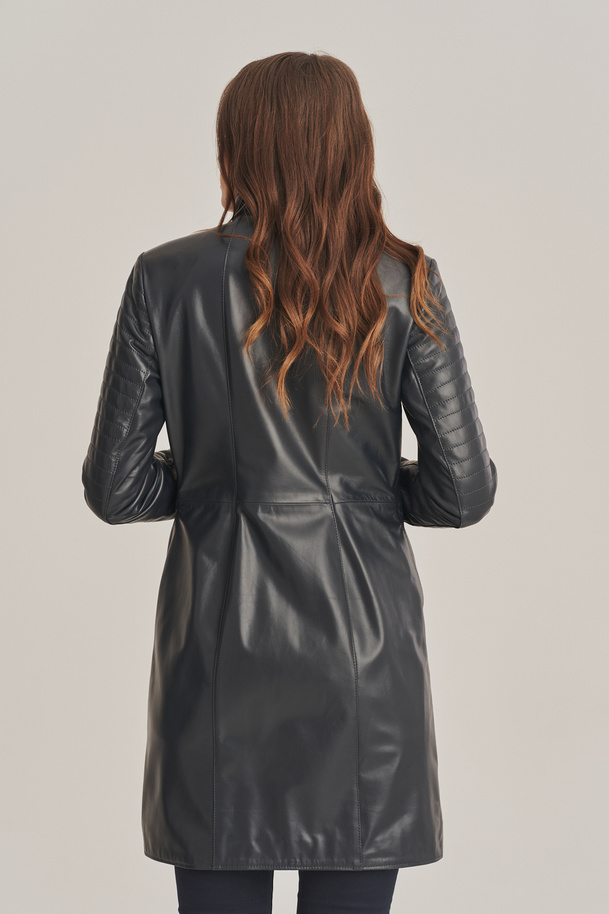 Palton de damă din piele naturală bleumarin