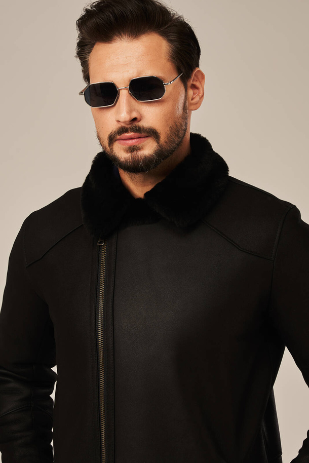 Haină naturală de blană pentru bărbați, neagră clasică – palton călduros și elegant