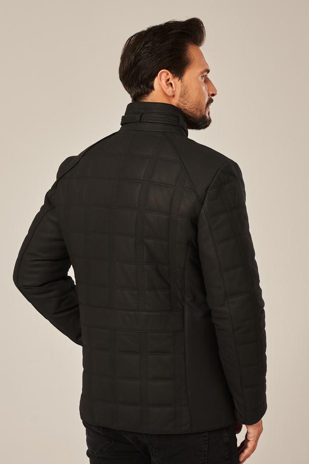 Geacă de piele bărbătească neagră, mată, cu design matlasat