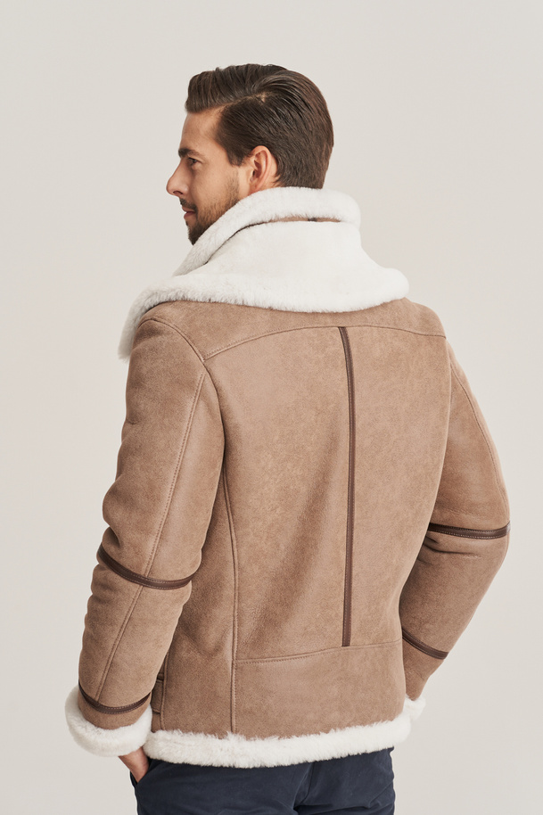 Geacă pilot bărbătească de iarnă – din piele naturală de miel, stil aviator, culoare bej