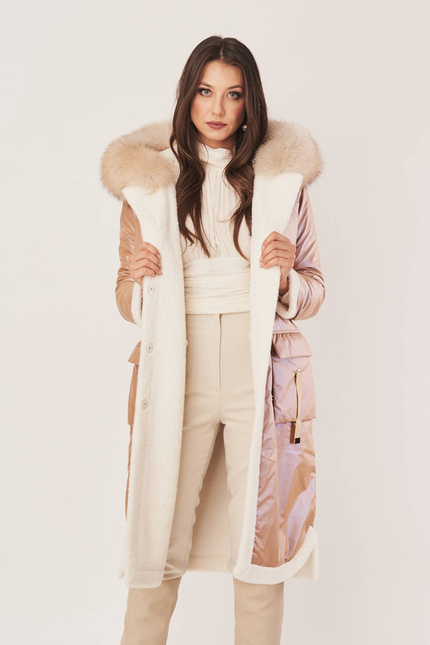 Palton reversibil de damă din puf cu blană naturală de alpaca 