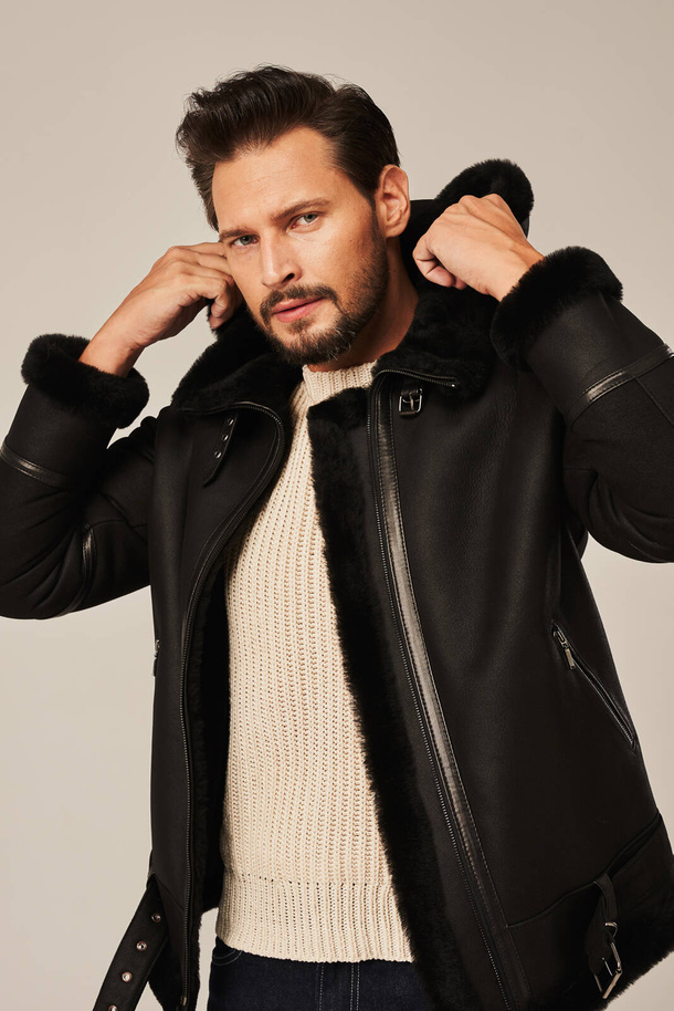 Geacă bărbătească neagră din piele naturală de miel cu glugă 