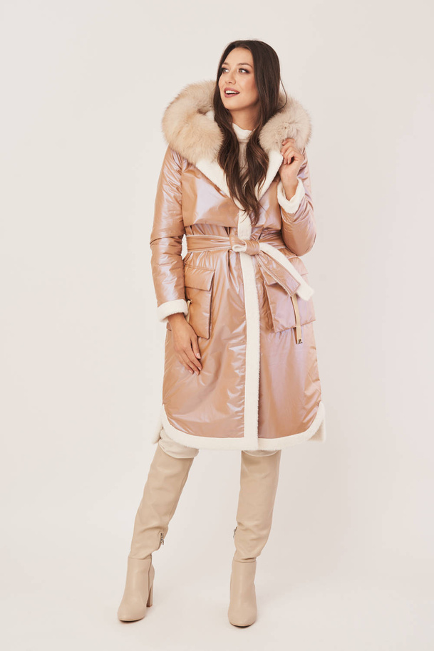 Palton reversibil de damă din puf cu blană naturală de alpaca 