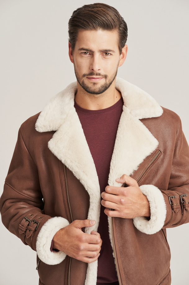 Haină bărbătească maro din piele de miel – geacă de iarnă călduroasă și stilată